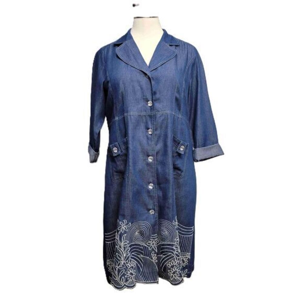 Terramina Collection Shirt Dress 16‎ Blue White Embroidery Bling Glam Plus Size
